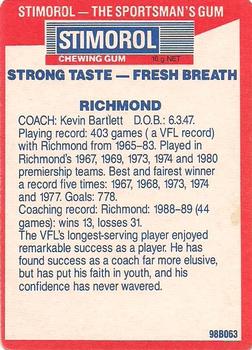 1990 AFL Scanlens Stimorol #167 Kevin Bartlett Back